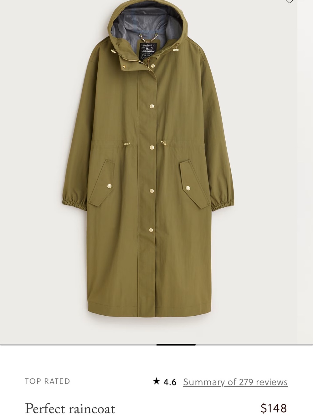J. Crew Olive Hooded Long Trench Coat